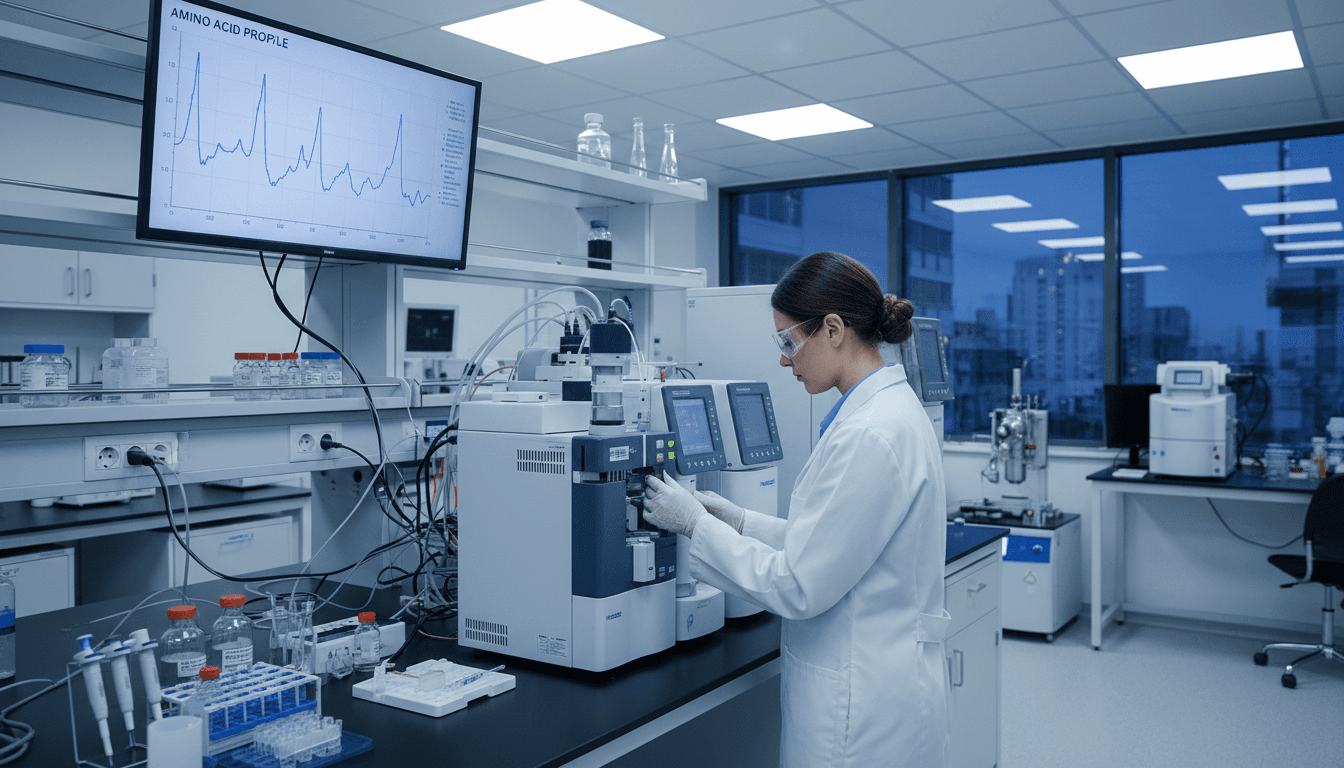 Laboratory technician performing amino acid testing with analytical equipment