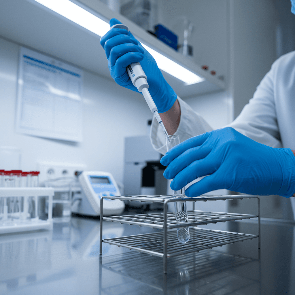 Laboratory technician conducting amino acid analysis with precision equipment