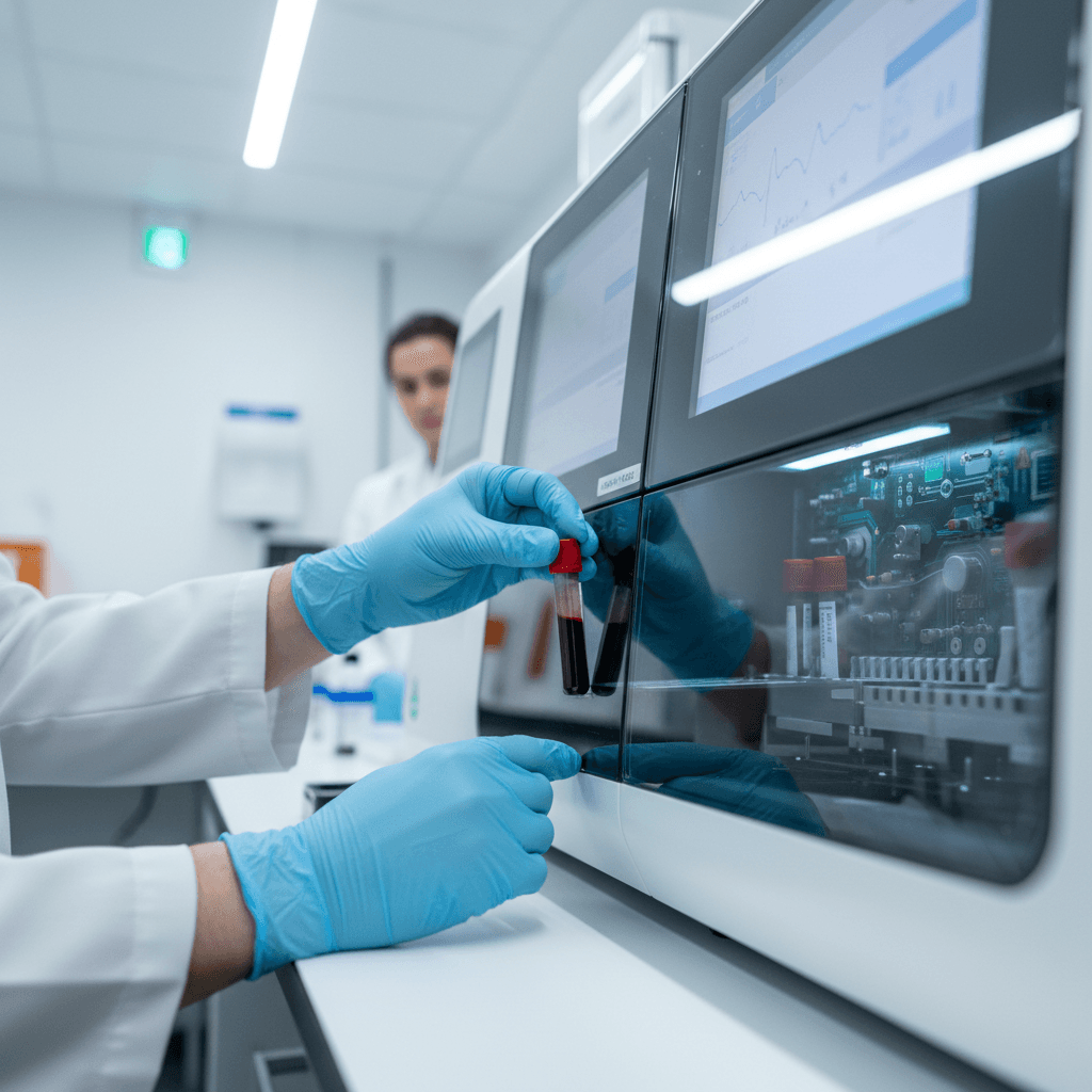 Laboratory professional conducting amino acid analysis with precision analytical equipment