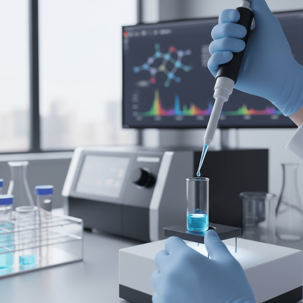 Professional laboratory technician conducting amino acid analysis with precision analytical equipment