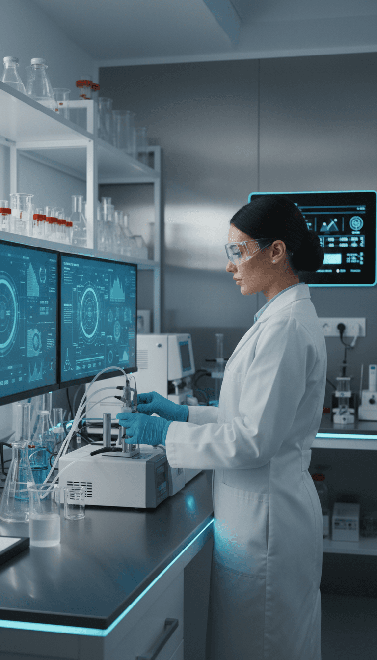 Laboratory technician conducting amino acid analysis with precision equipment
